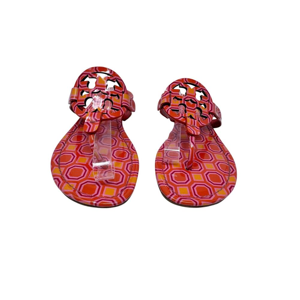 TORY BURCH Yellow Pink Geometric Print Patent Leather Miller Sandals Size 8 - Picture 2 of 12
